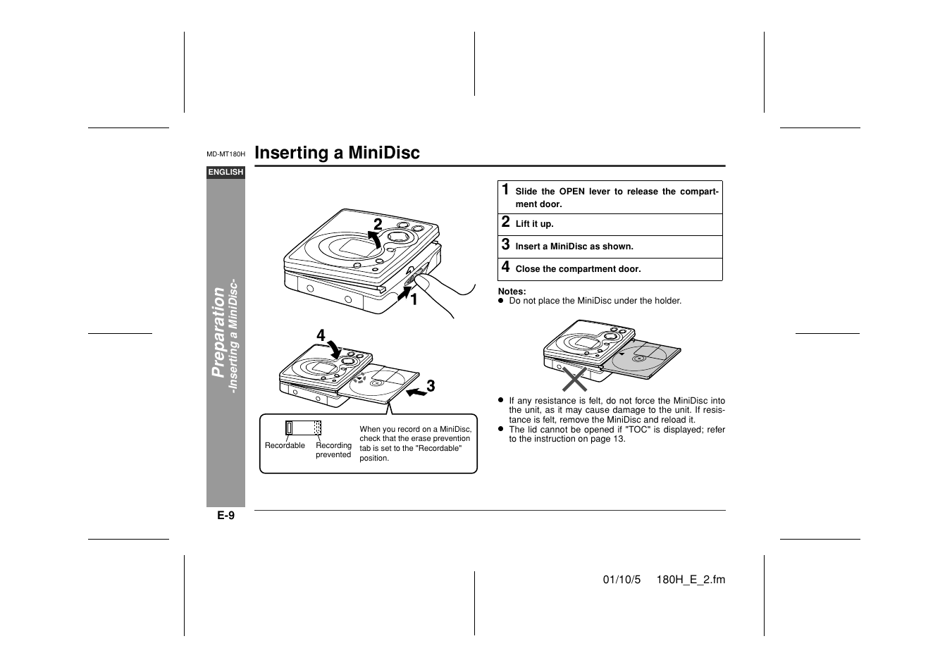 Inserting a minidisc, Preparation | Sharp MD-MT180H User Manual | Page 10 / 45