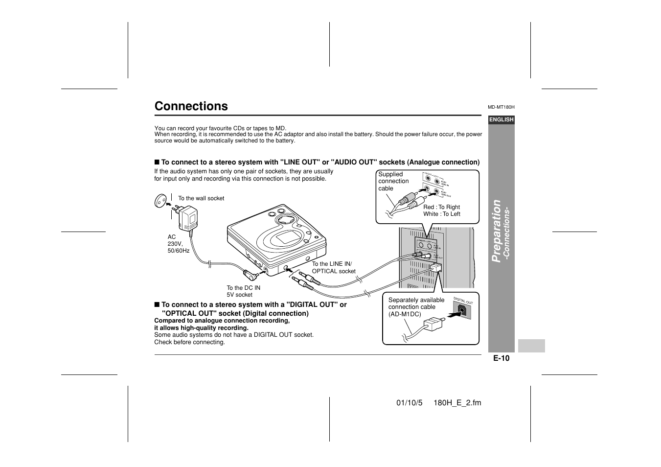 Connections, Preparation | Sharp MD-MT180H User Manual | Page 11 / 45