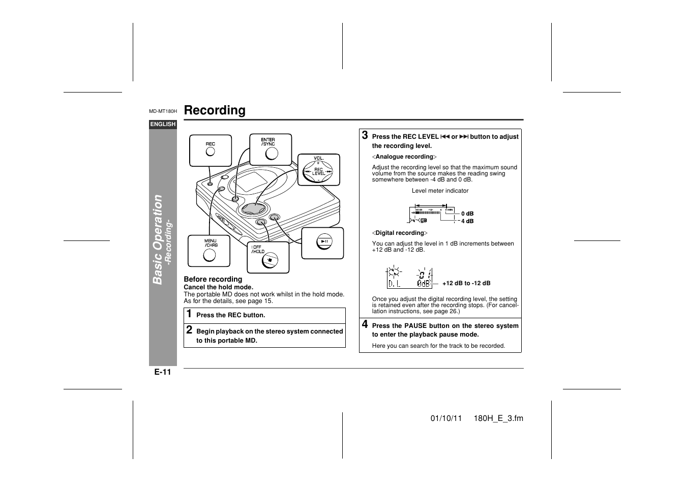 Recording, Basic opera ti o n | Sharp MD-MT180H User Manual | Page 12 / 45