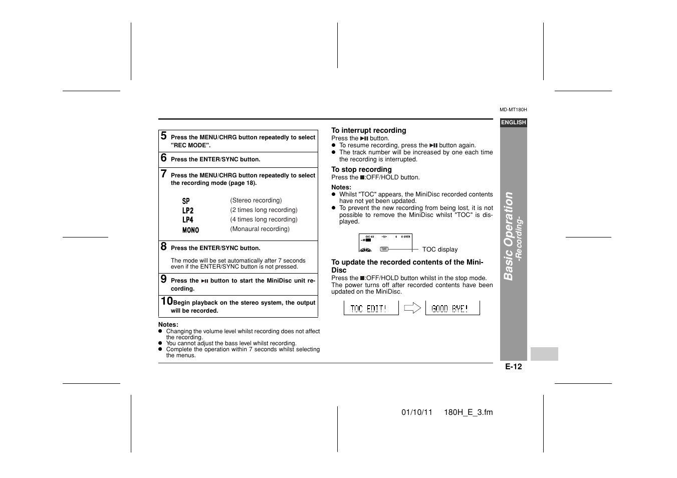 Basic opera ti o n | Sharp MD-MT180H User Manual | Page 13 / 45