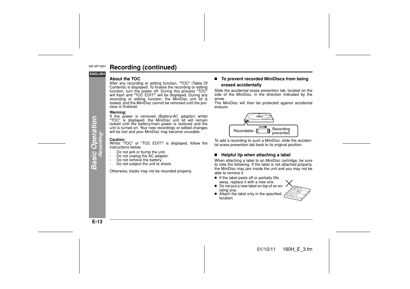 Basic opera ti o n, Recording (continued) | Sharp MD-MT180H User Manual | Page 14 / 45