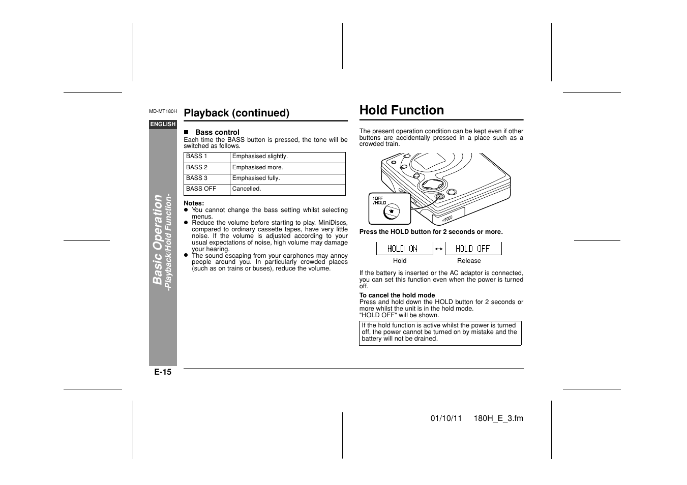 Hold function, Basic opera ti o n, Playback (continued) | Sharp MD-MT180H User Manual | Page 16 / 45