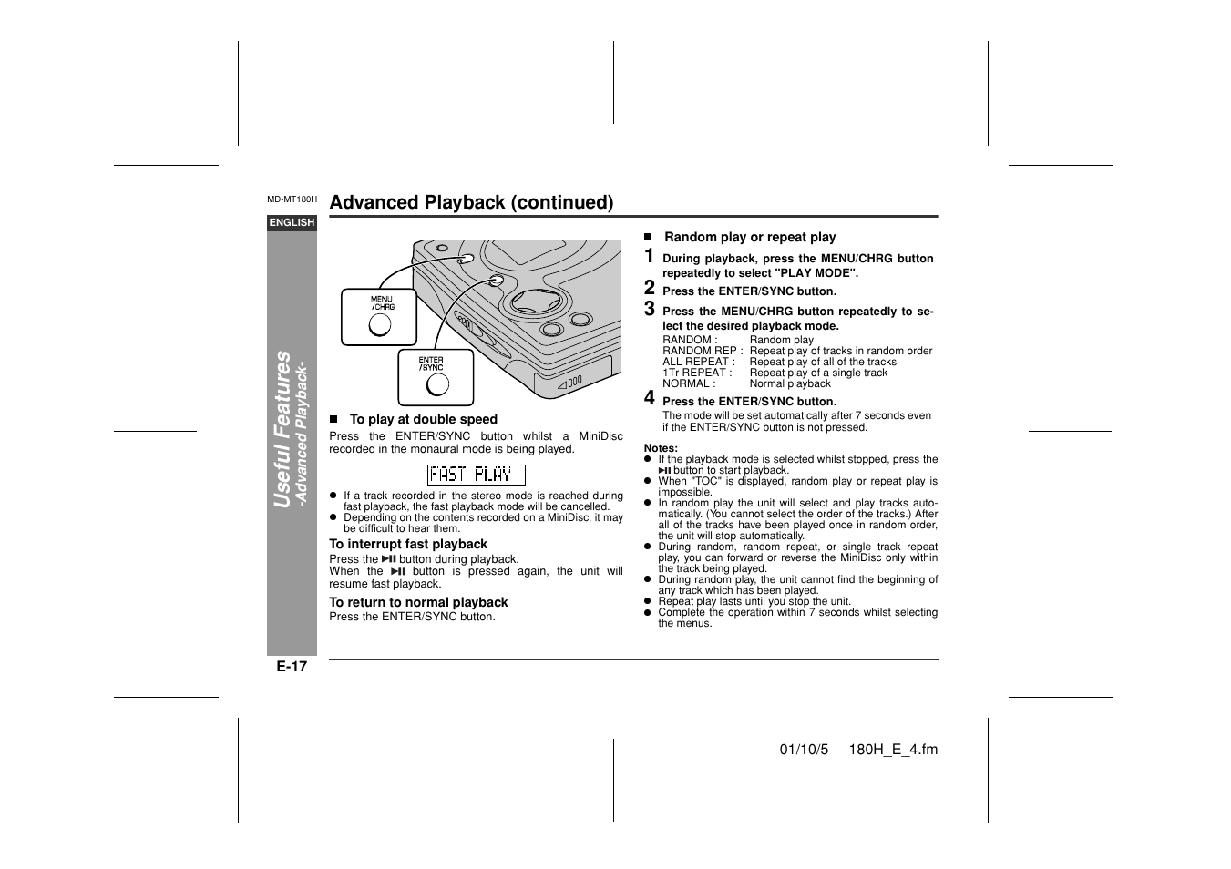 Useful feat ures, Advanced playback (continued) | Sharp MD-MT180H User Manual | Page 18 / 45