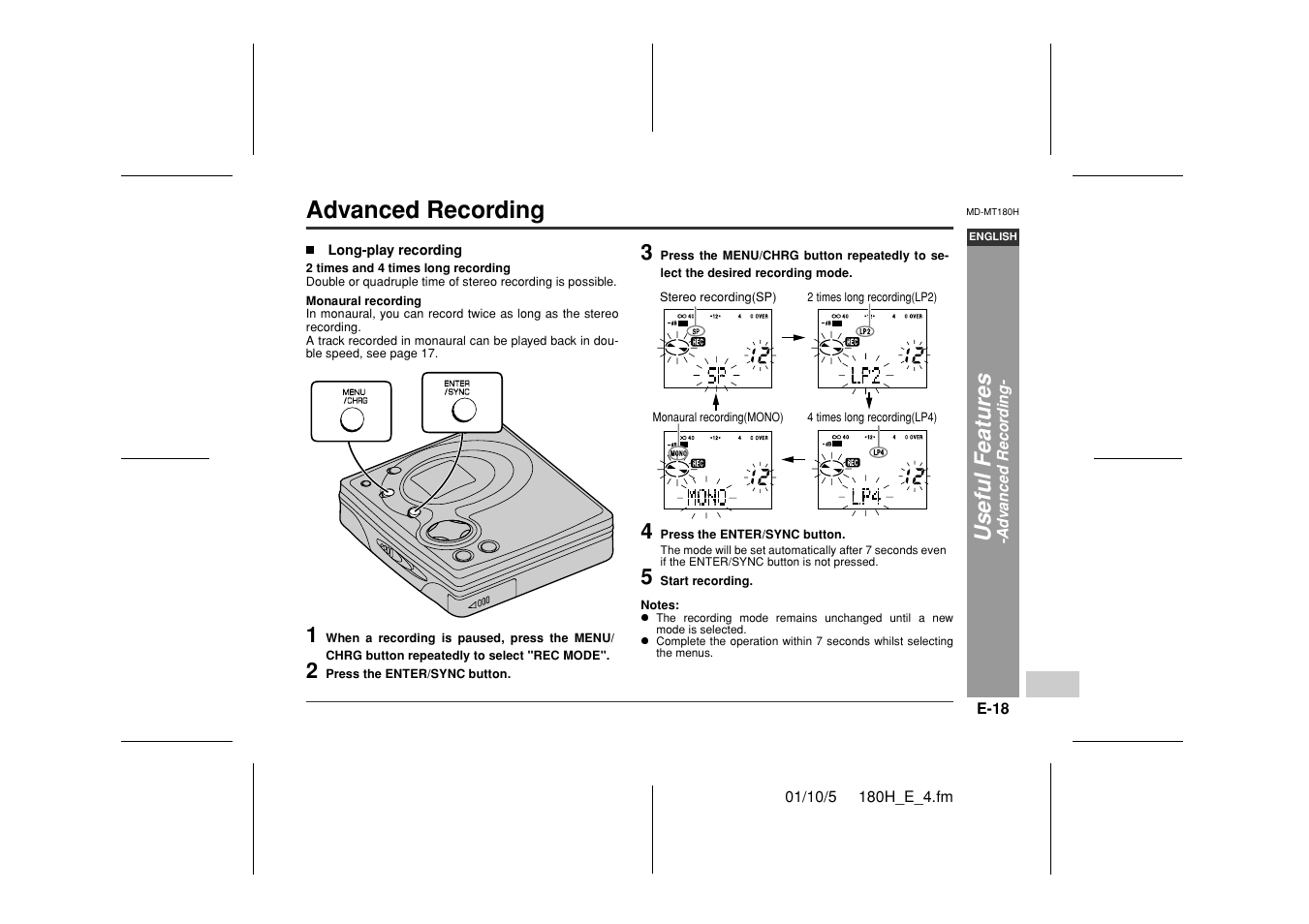 Advanced recording, Useful feat ures | Sharp MD-MT180H User Manual | Page 19 / 45