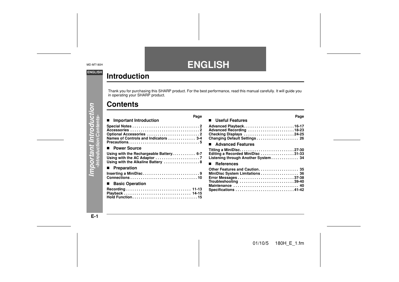 English, Introduction contents, Impor ta nt i n tr oduct ion | Sharp MD-MT180H User Manual | Page 2 / 45