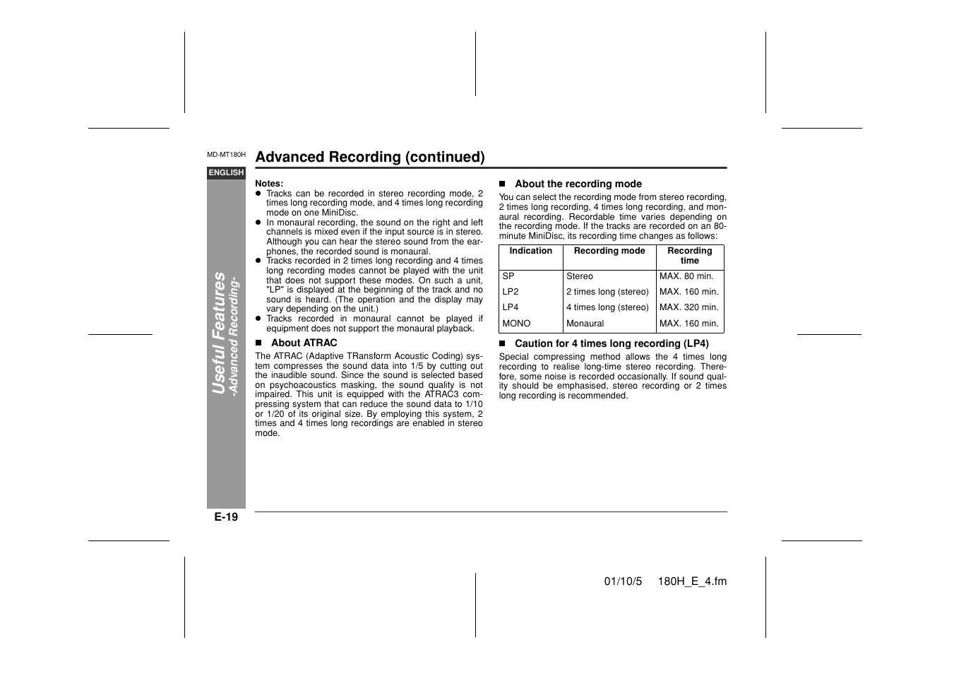 Useful feat ures, Advanced recording (continued) | Sharp MD-MT180H User Manual | Page 20 / 45