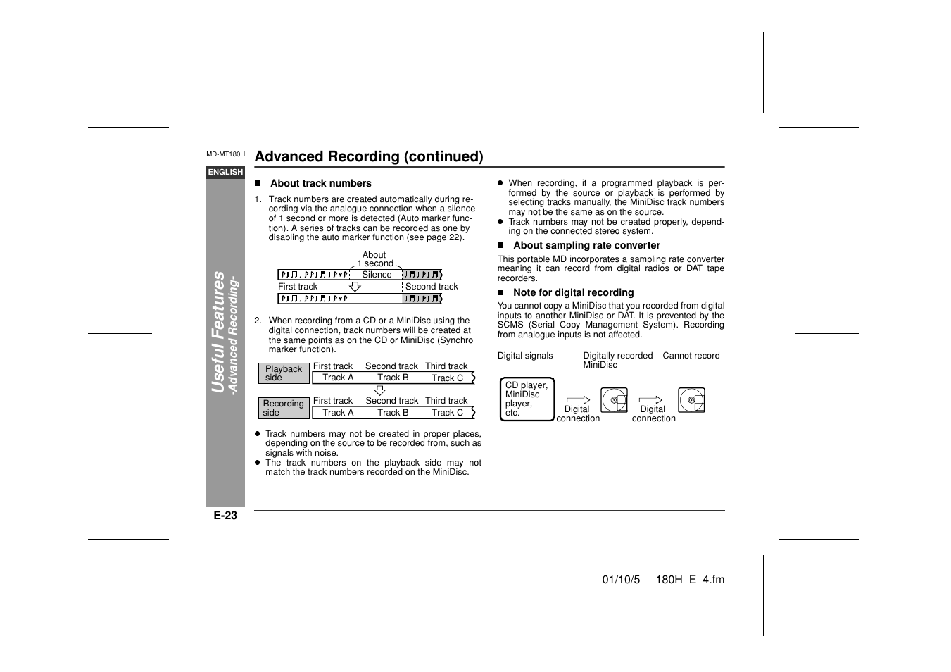 Useful feat ures, Advanced recording (continued) | Sharp MD-MT180H User Manual | Page 24 / 45