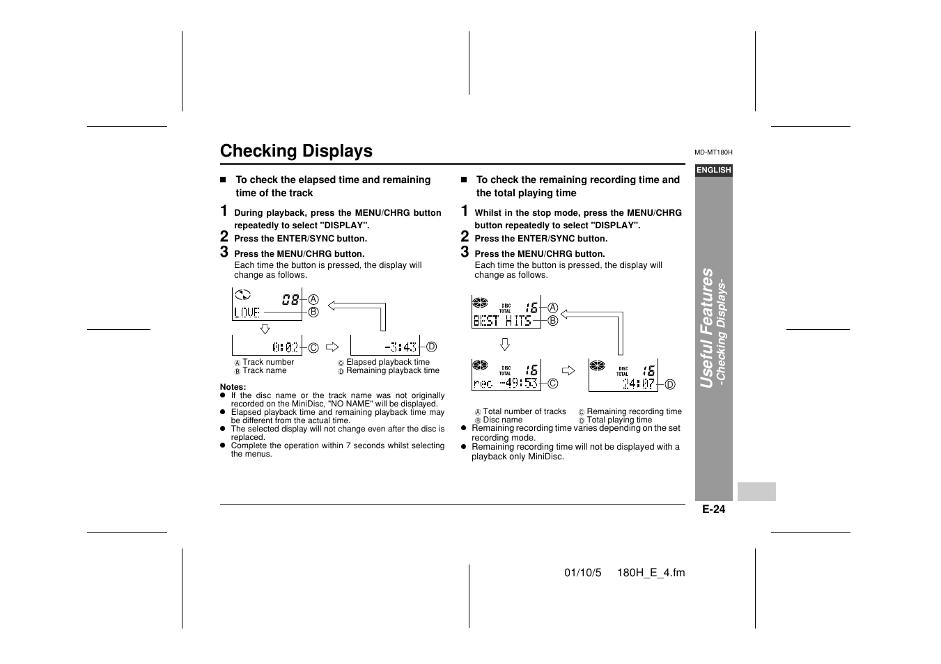 Checking displays, Useful feat ures | Sharp MD-MT180H User Manual | Page 25 / 45