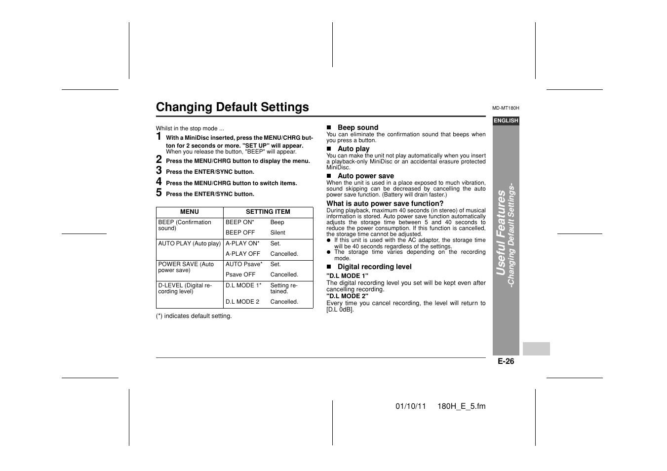 Changing default settings, Useful feat ures | Sharp MD-MT180H User Manual | Page 27 / 45