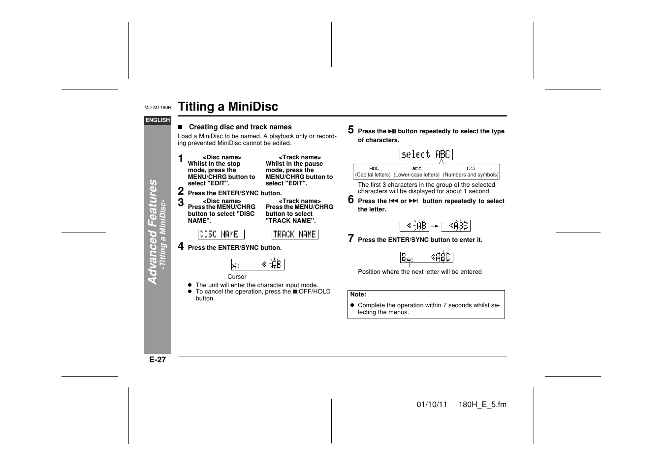 Titling a minidisc, Ad v a nced features | Sharp MD-MT180H User Manual | Page 28 / 45