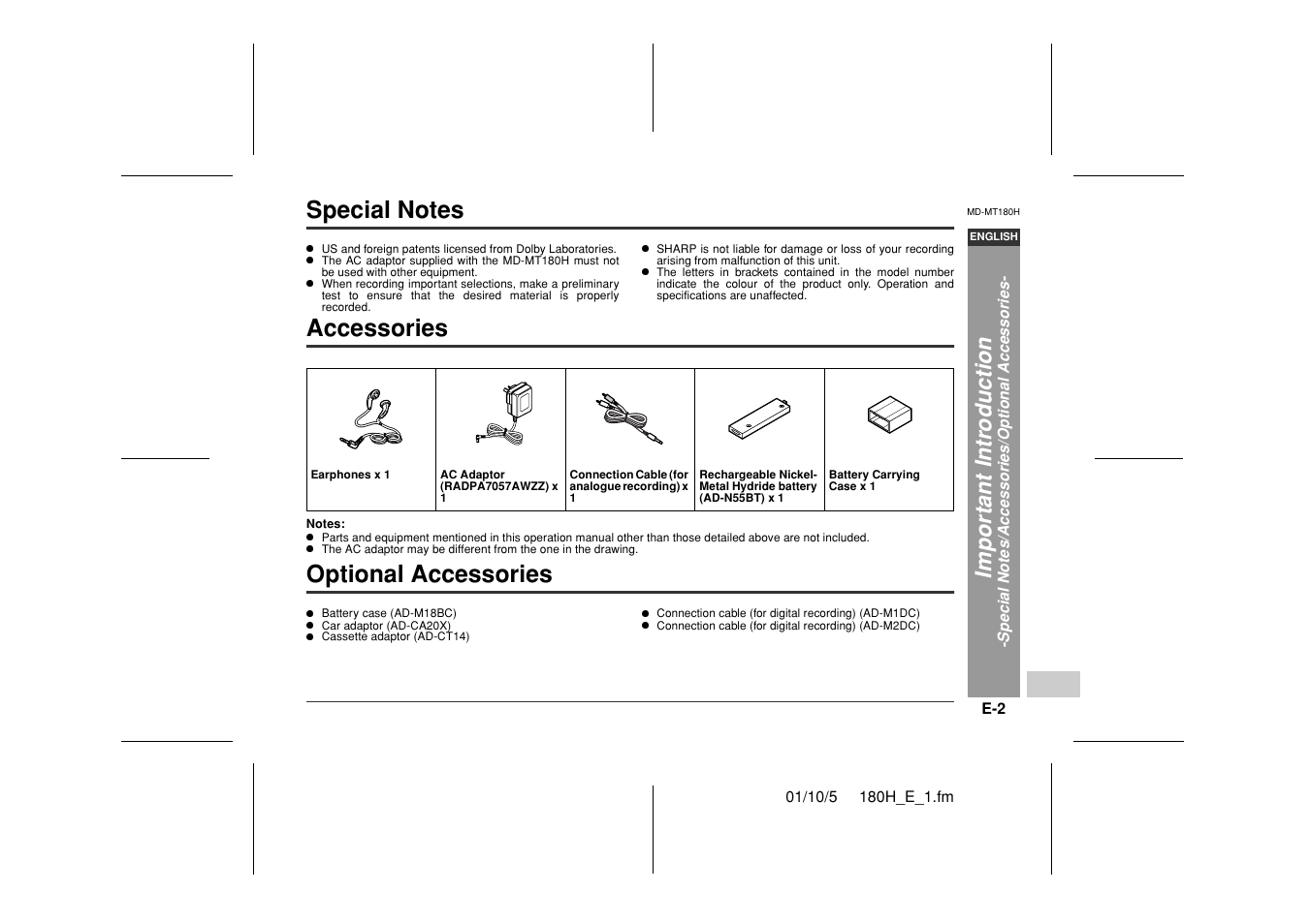 Accessories, Optional accessories, Impor ta nt i n tr oduct ion | Sharp MD-MT180H User Manual | Page 3 / 45