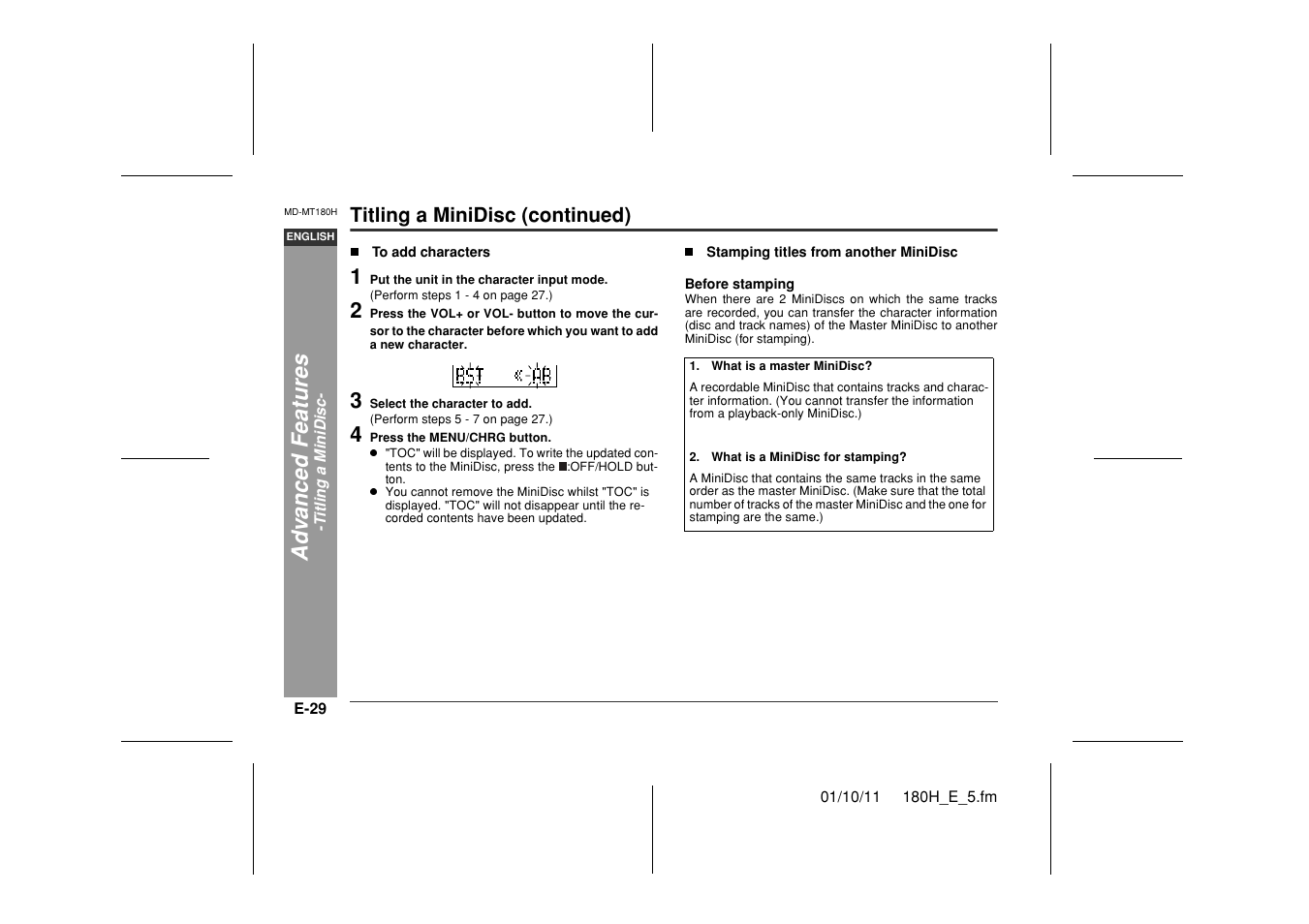 Ad v a nced features, Titling a minidisc (continued) | Sharp MD-MT180H User Manual | Page 30 / 45