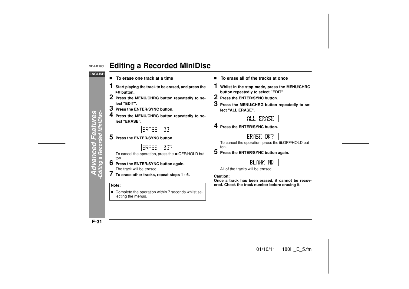 Editing a recorded minidisc, Ad v a nced features | Sharp MD-MT180H User Manual | Page 32 / 45