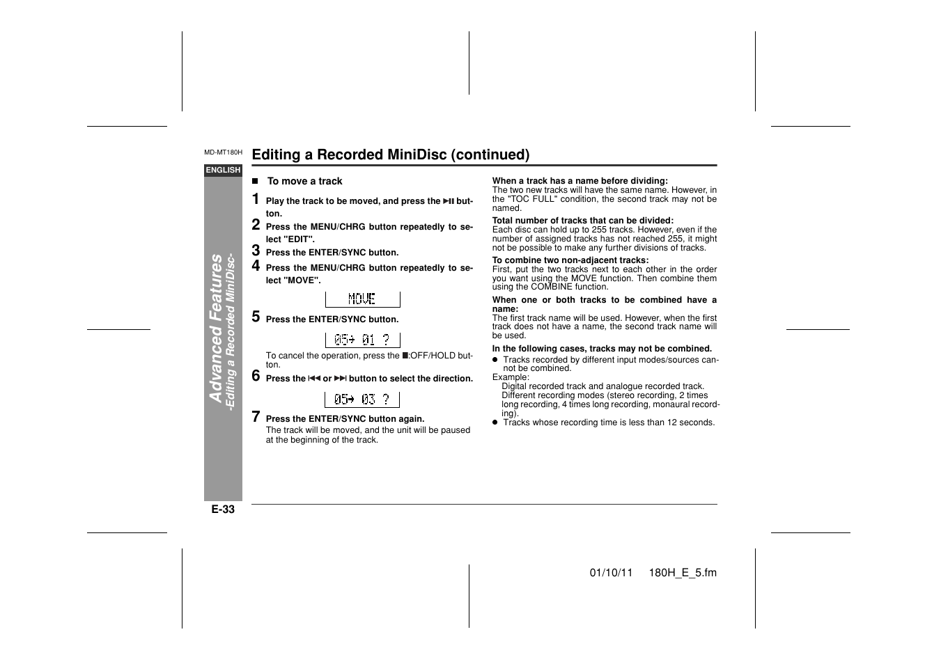 Ad v a nced features, Editing a recorded minidisc (continued) | Sharp MD-MT180H User Manual | Page 34 / 45