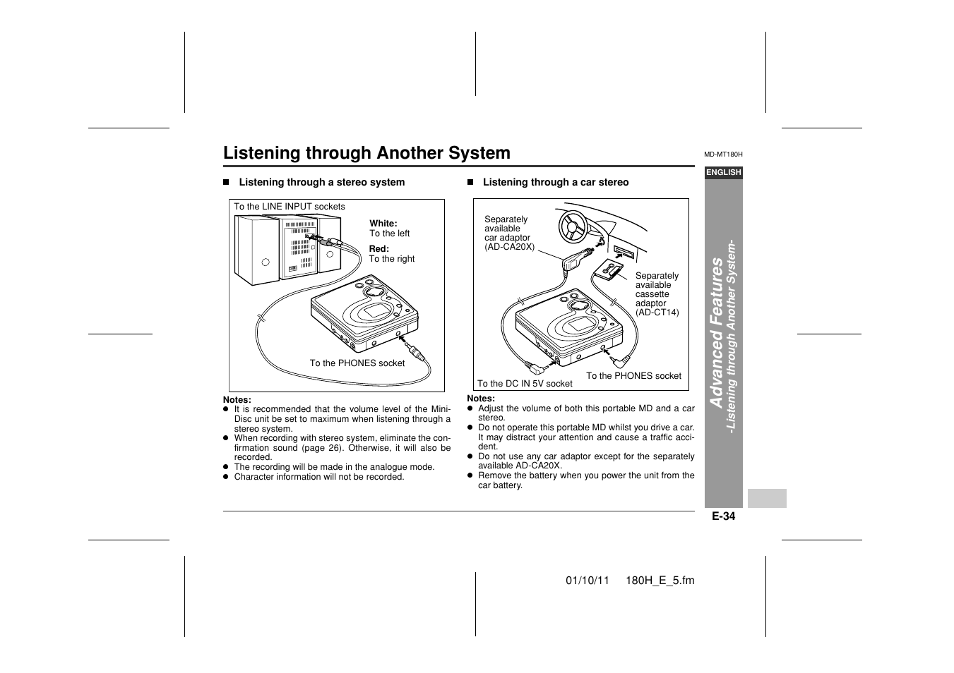 Listening through another system, Ad v a nced features | Sharp MD-MT180H User Manual | Page 35 / 45