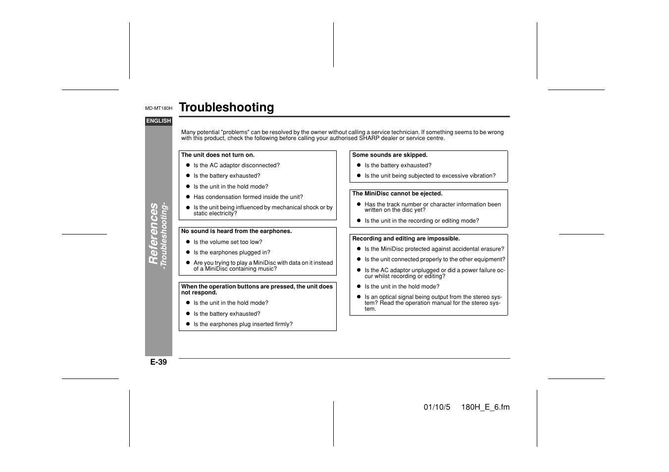 Troubleshooting, Ref e rences | Sharp MD-MT180H User Manual | Page 40 / 45