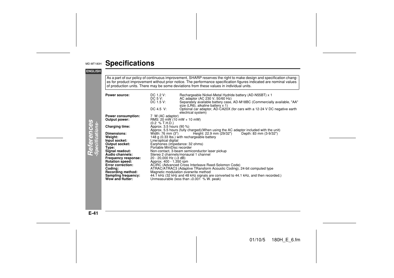 Specifications, Ref e rences | Sharp MD-MT180H User Manual | Page 42 / 45