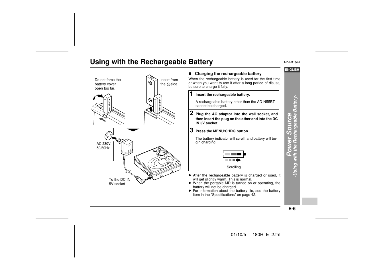 Using with the rechargeable battery, Po wer sour ce | Sharp MD-MT180H User Manual | Page 7 / 45