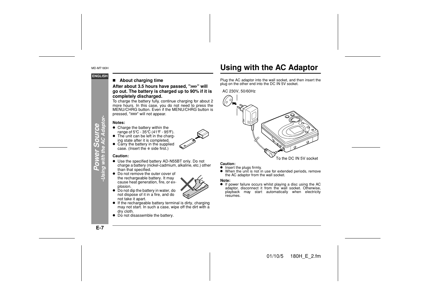 Using with the ac adaptor, Po wer sour ce | Sharp MD-MT180H User Manual | Page 8 / 45