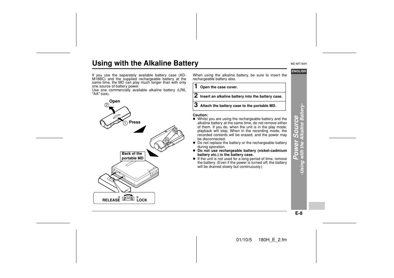 Using with the alkaline battery, Po wer sour ce | Sharp MD-MT180H User Manual | Page 9 / 45