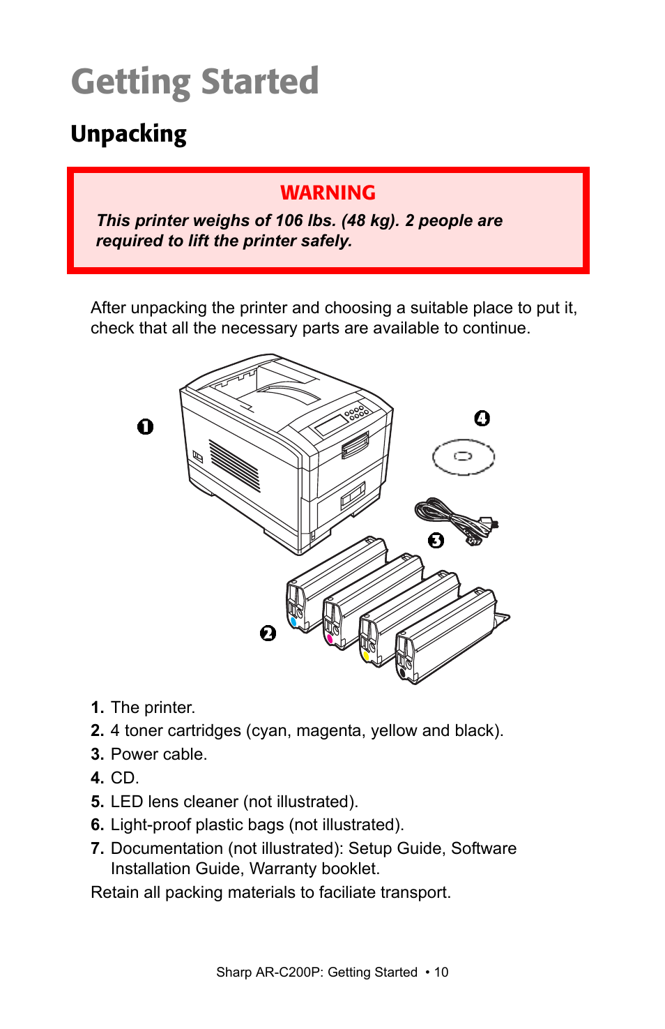 Getting started, Unpacking | Sharp AR-C200P User Manual | Page 10 / 193