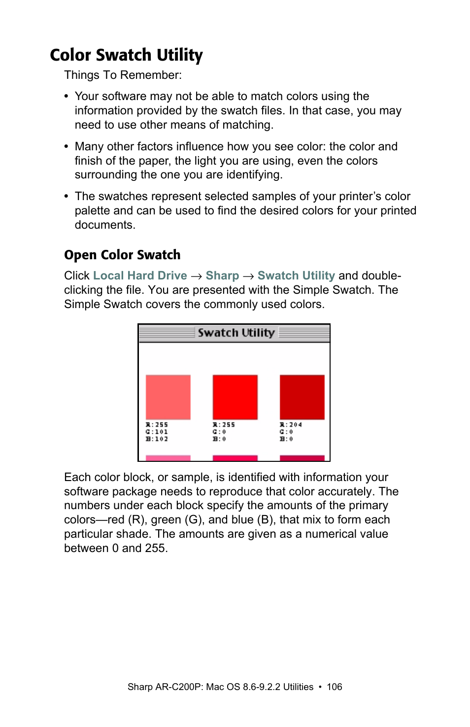Color swatch utility | Sharp AR-C200P User Manual | Page 106 / 193