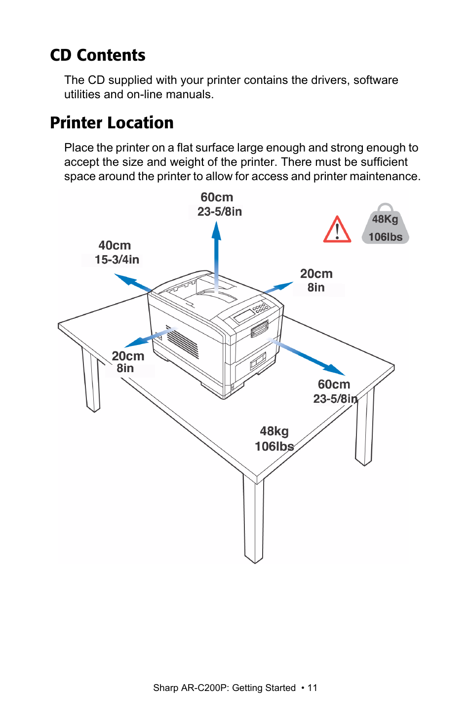 Cd contents, Printer location, Cd contents printer location | Sharp AR-C200P User Manual | Page 11 / 193
