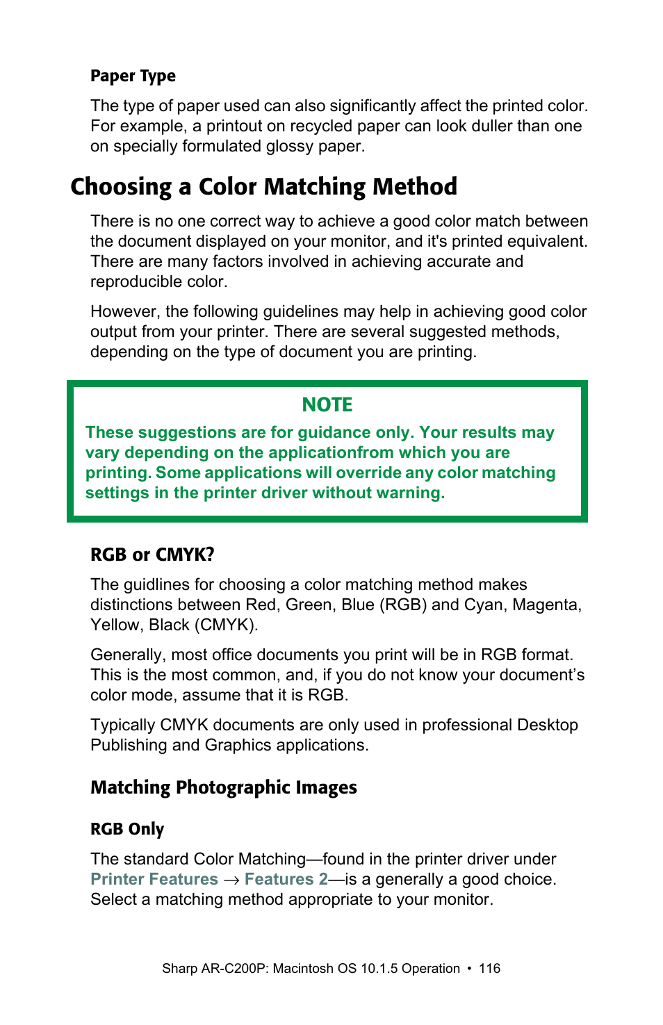 Choosing a color matching method | Sharp AR-C200P User Manual | Page 116 / 193