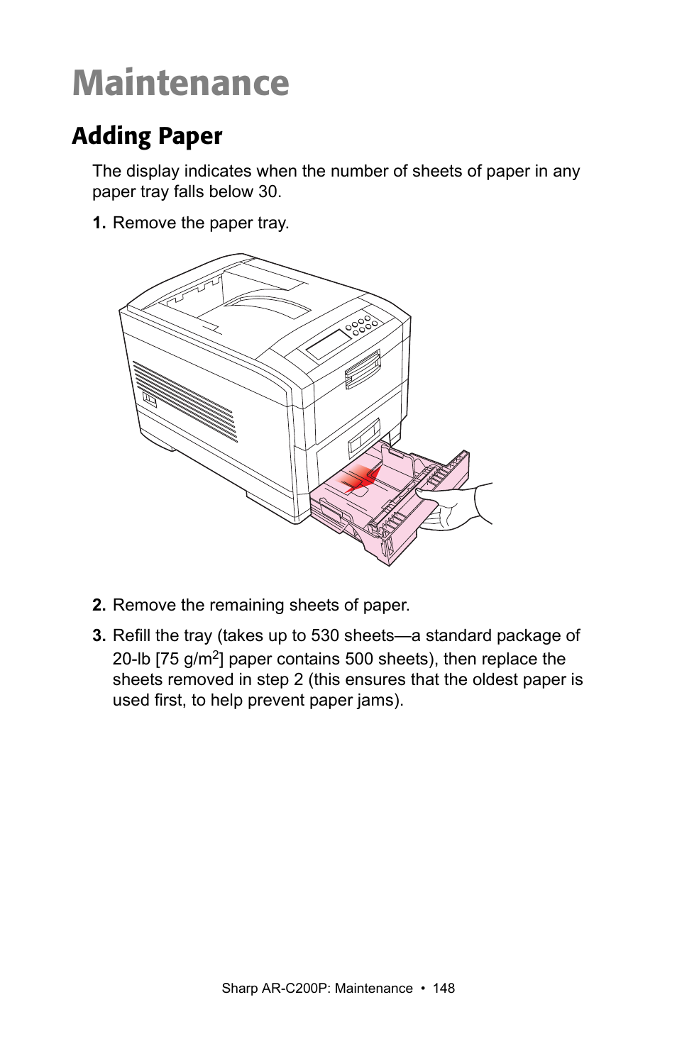 Maintenance, Adding paper | Sharp AR-C200P User Manual | Page 148 / 193