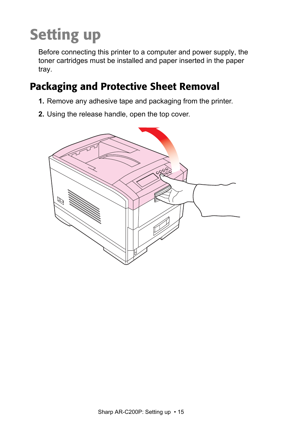 Setting up, Packaging and protective sheet removal | Sharp AR-C200P User Manual | Page 15 / 193