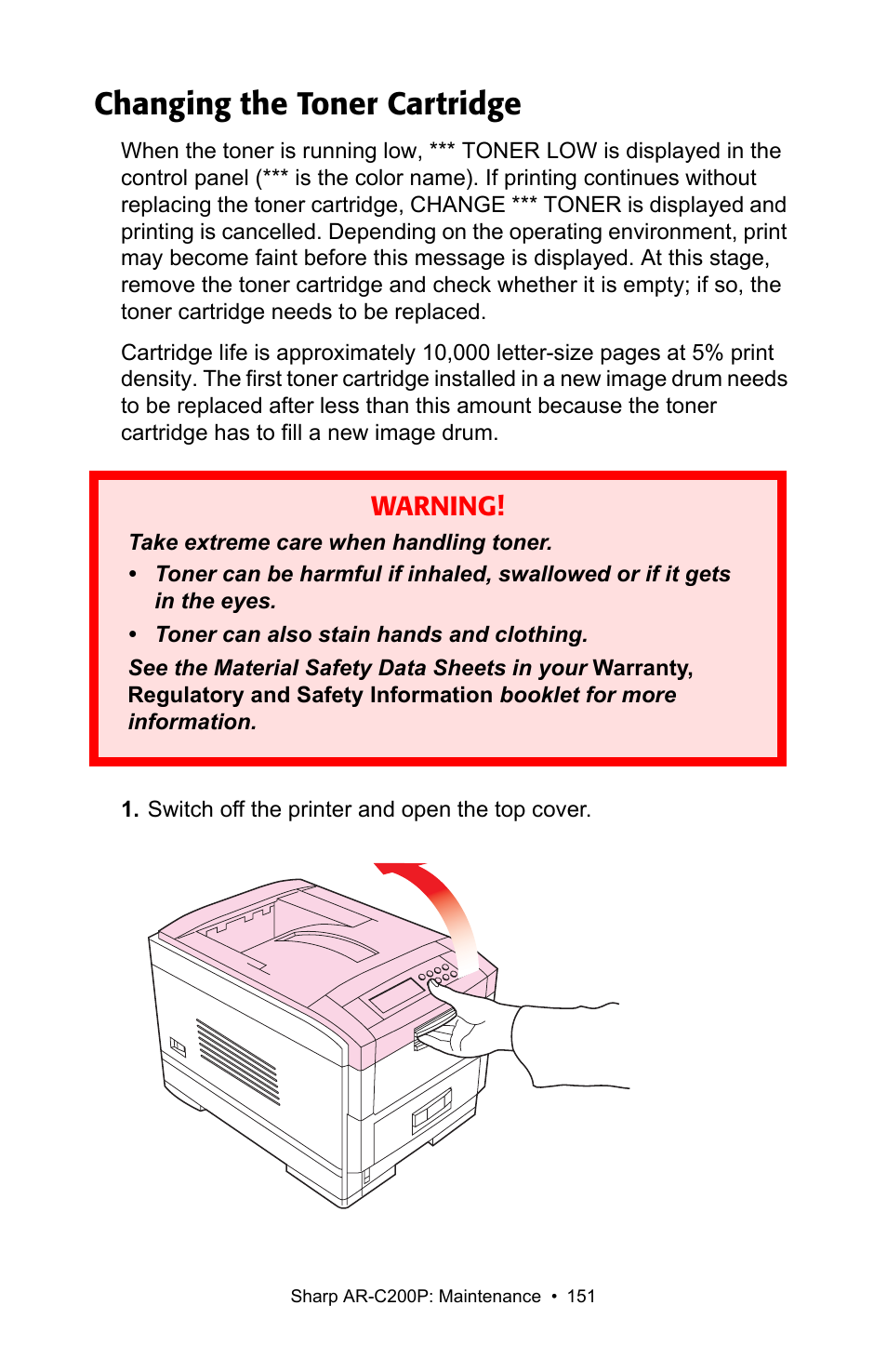 Changing the toner cartridge, Warning | Sharp AR-C200P User Manual | Page 151 / 193