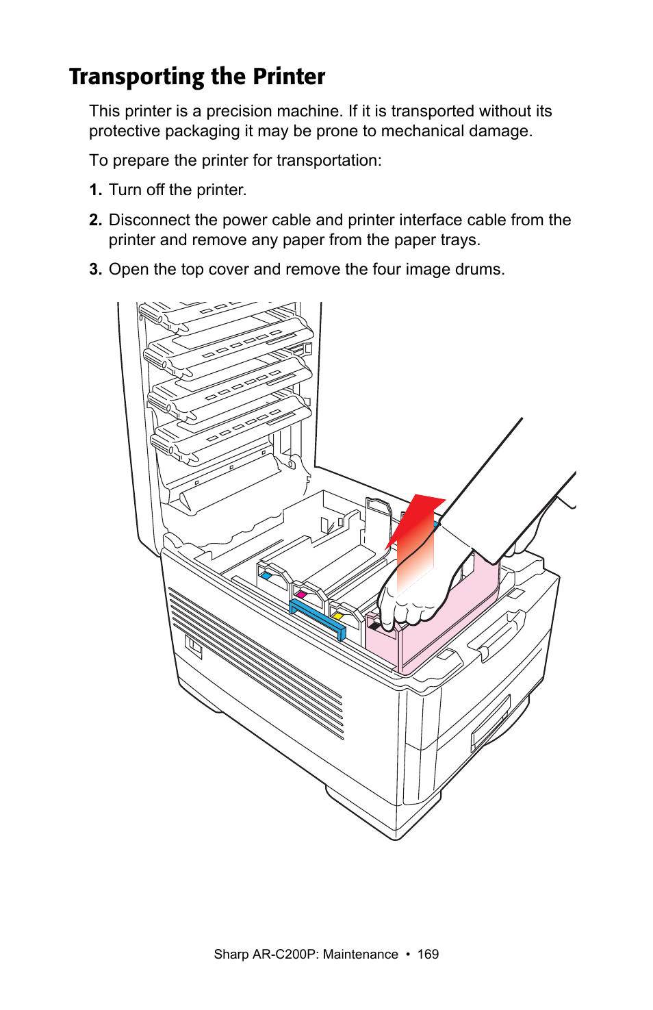 Transporting the printer | Sharp AR-C200P User Manual | Page 169 / 193