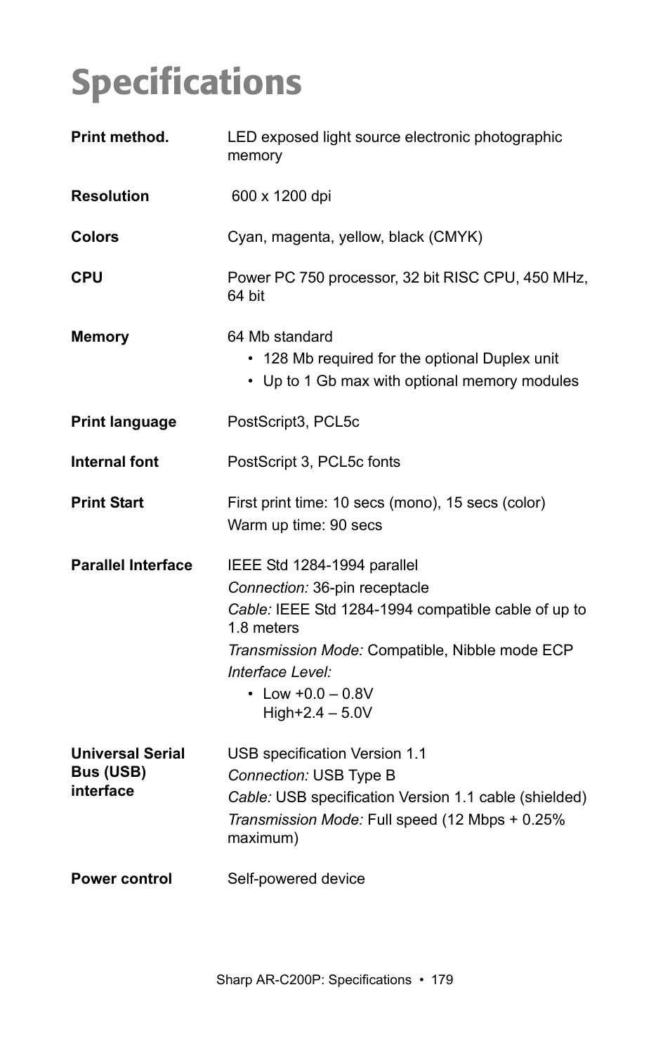 Specifications | Sharp AR-C200P User Manual | Page 179 / 193
