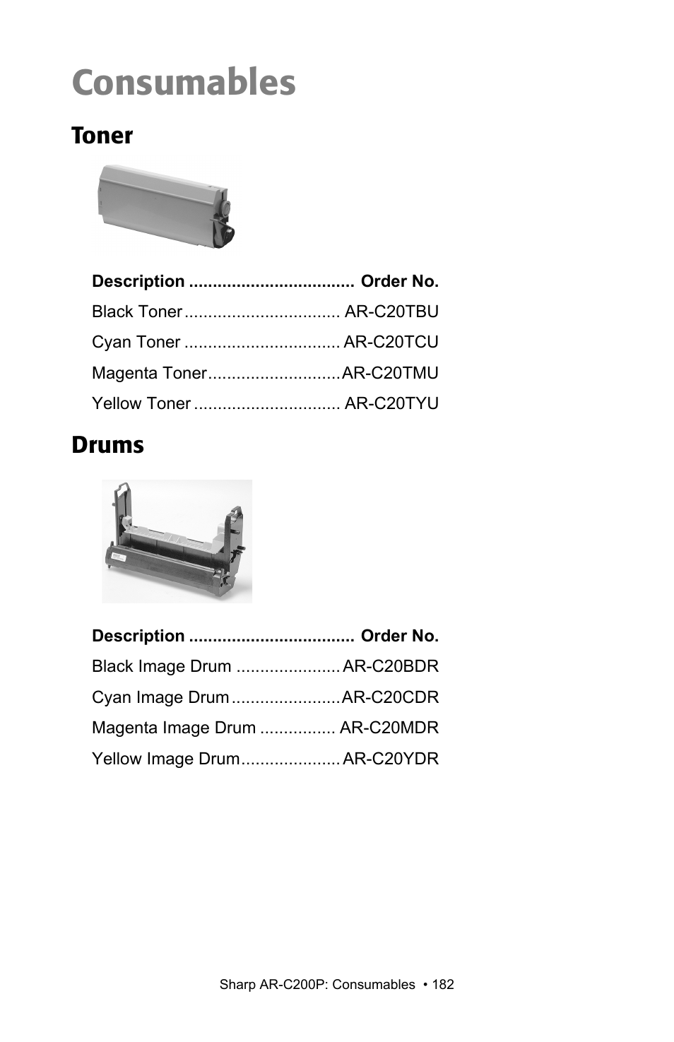 Consumables, Toner, Drums | Toner drums | Sharp AR-C200P User Manual | Page 182 / 193