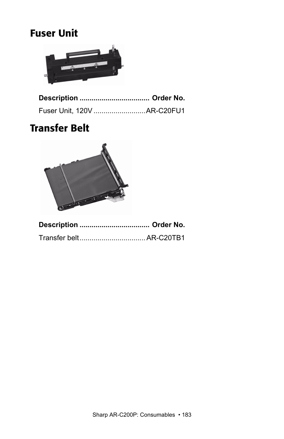 Fuser unit, Transfer belt, Fuser unit transfer belt | Sharp AR-C200P User Manual | Page 183 / 193