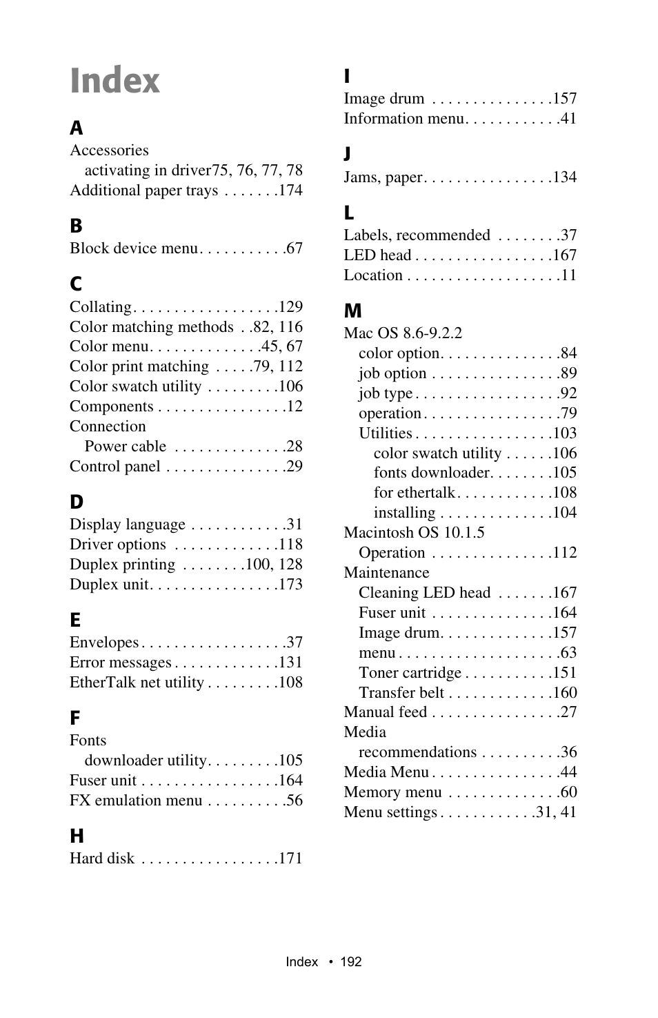 Index | Sharp AR-C200P User Manual | Page 192 / 193