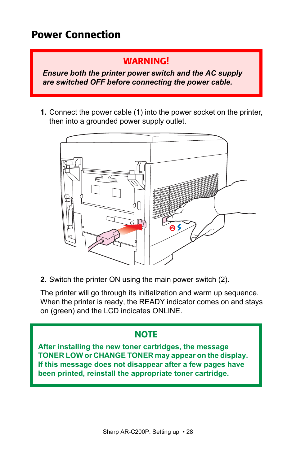 Power connection, Warning | Sharp AR-C200P User Manual | Page 28 / 193