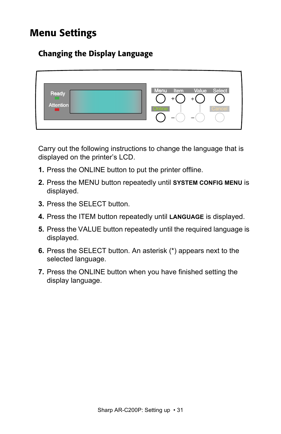 Menu settings, Changing the display language | Sharp AR-C200P User Manual | Page 31 / 193