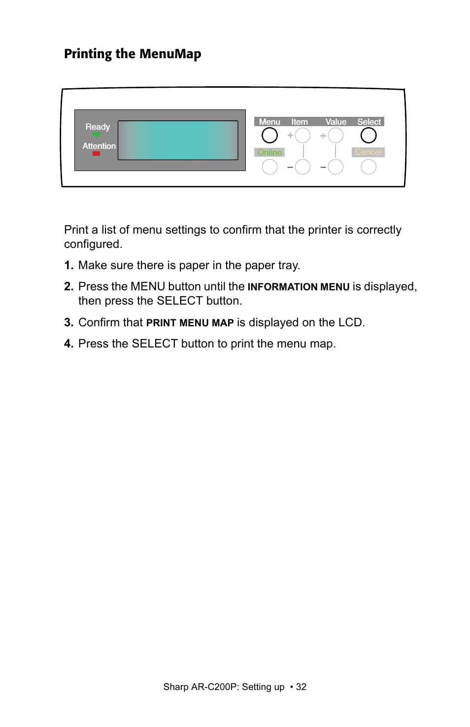 Printing the menumap | Sharp AR-C200P User Manual | Page 32 / 193