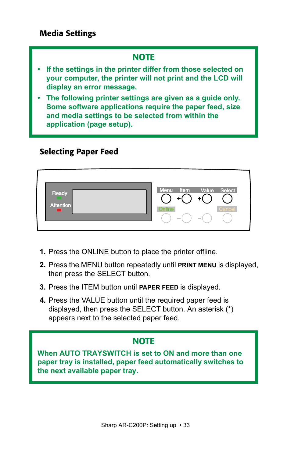 Media settings selecting paper feed | Sharp AR-C200P User Manual | Page 33 / 193