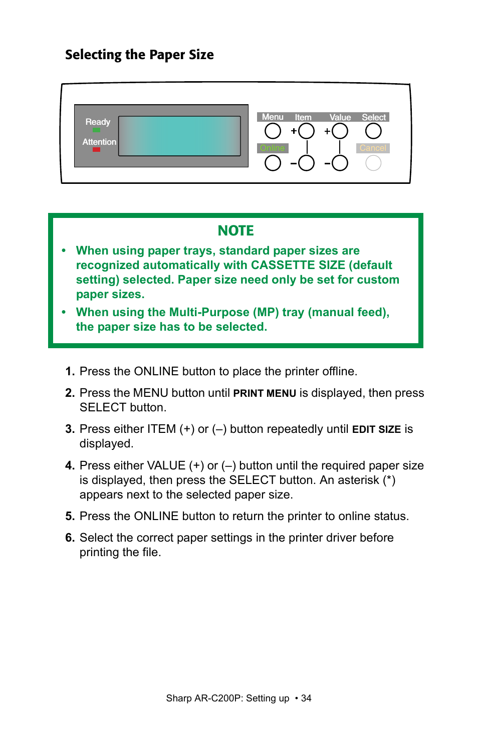 Selecting the paper size | Sharp AR-C200P User Manual | Page 34 / 193