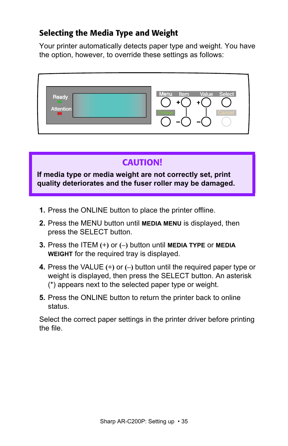 Caution, Selecting the media type and weight | Sharp AR-C200P User Manual | Page 35 / 193