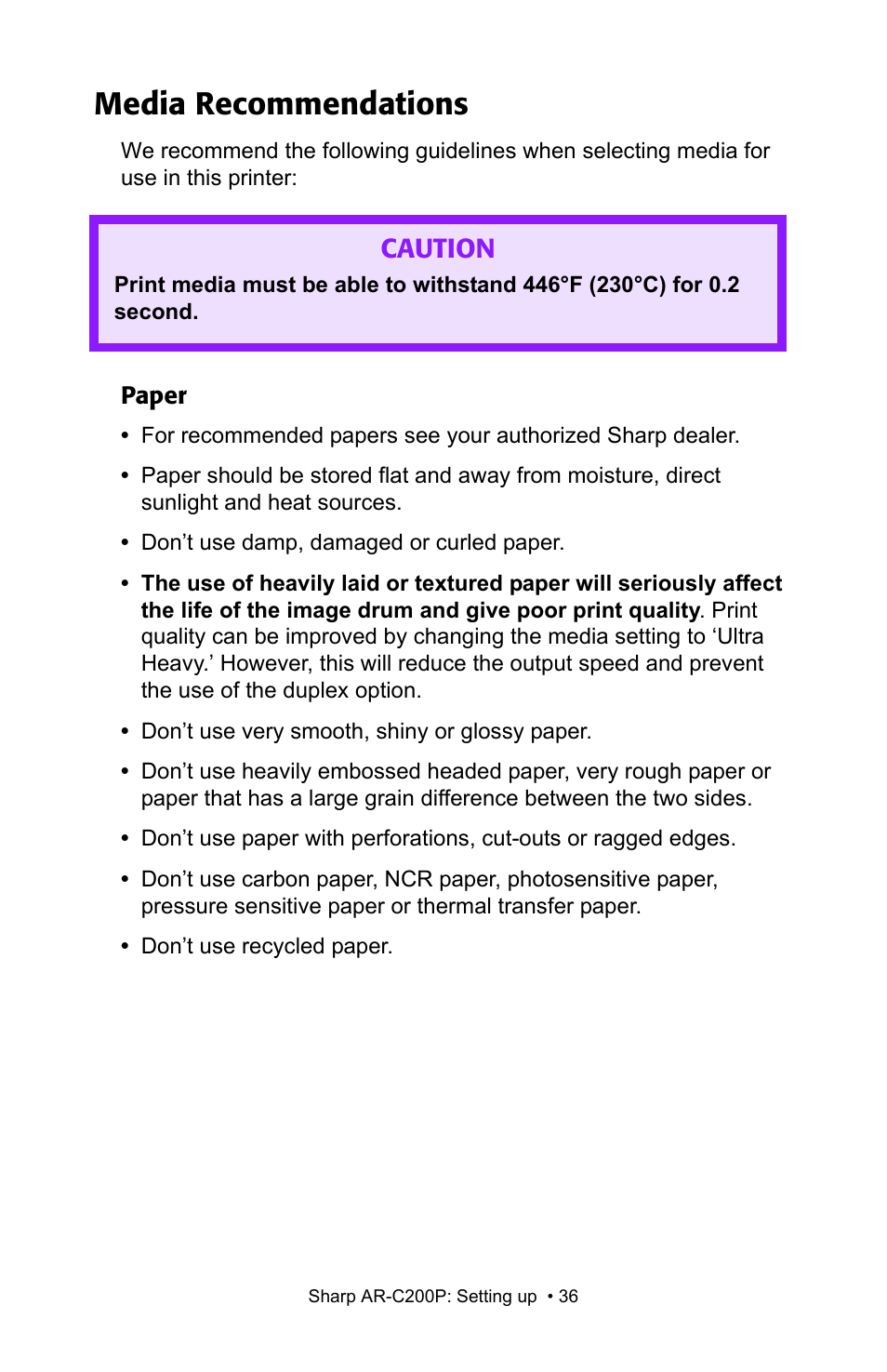 Media recommendations, Caution | Sharp AR-C200P User Manual | Page 36 / 193