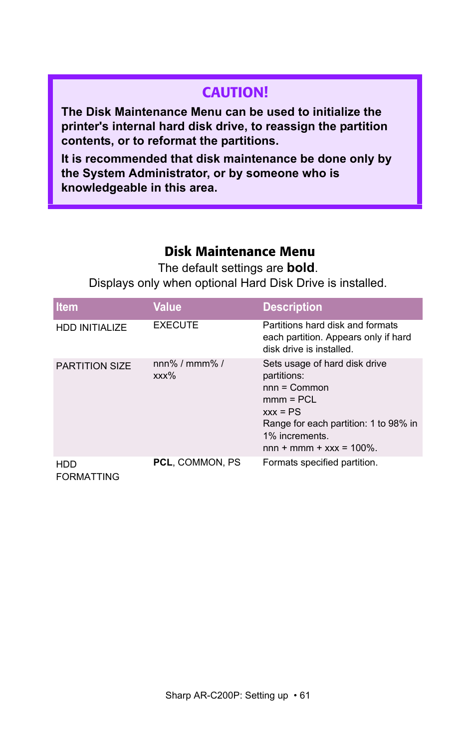 Caution, Disk maintenance menu, Bold | Sharp AR-C200P User Manual | Page 61 / 193