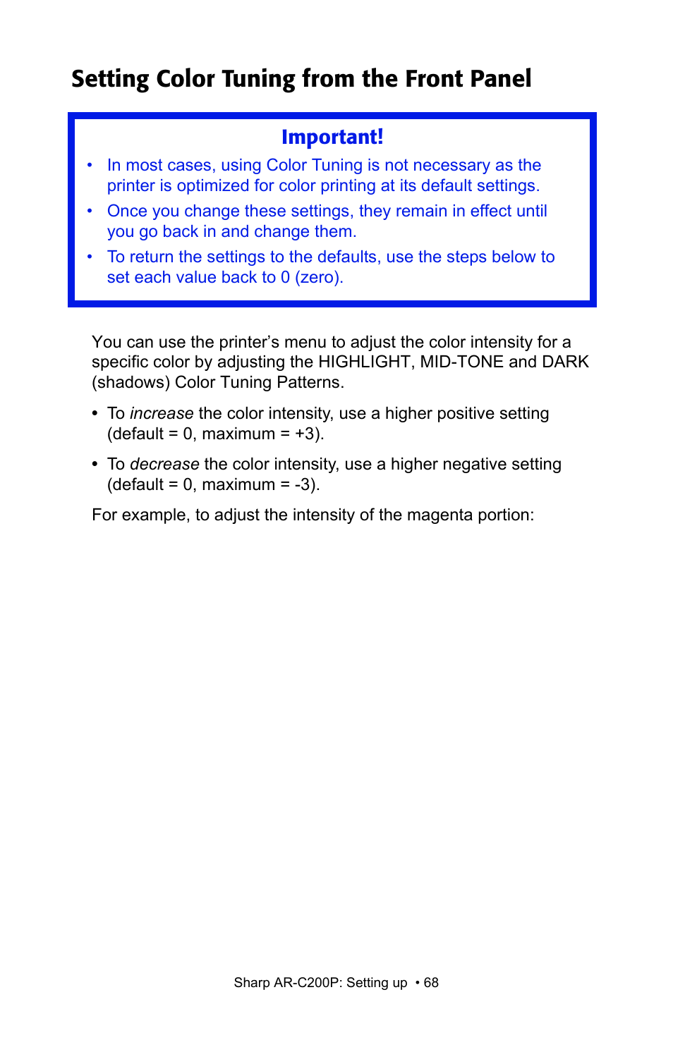 Setting color tuning from the front panel, Important | Sharp AR-C200P User Manual | Page 68 / 193