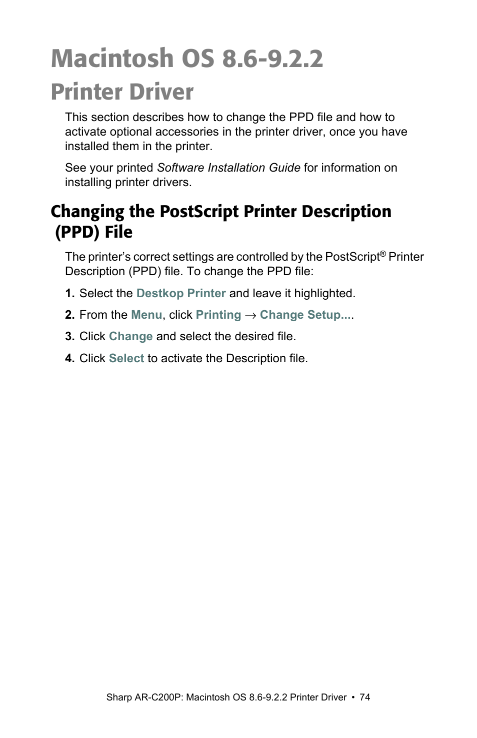 Macintosh os 8.69.2.2, Printer driver, Macintosh os 8.6-9.2.2 | Sharp AR-C200P User Manual | Page 74 / 193