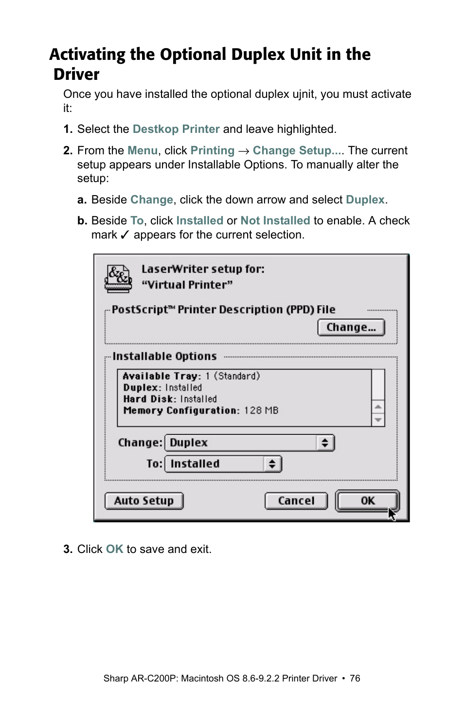 Activating the optional duplex unit in the driver | Sharp AR-C200P User Manual | Page 76 / 193