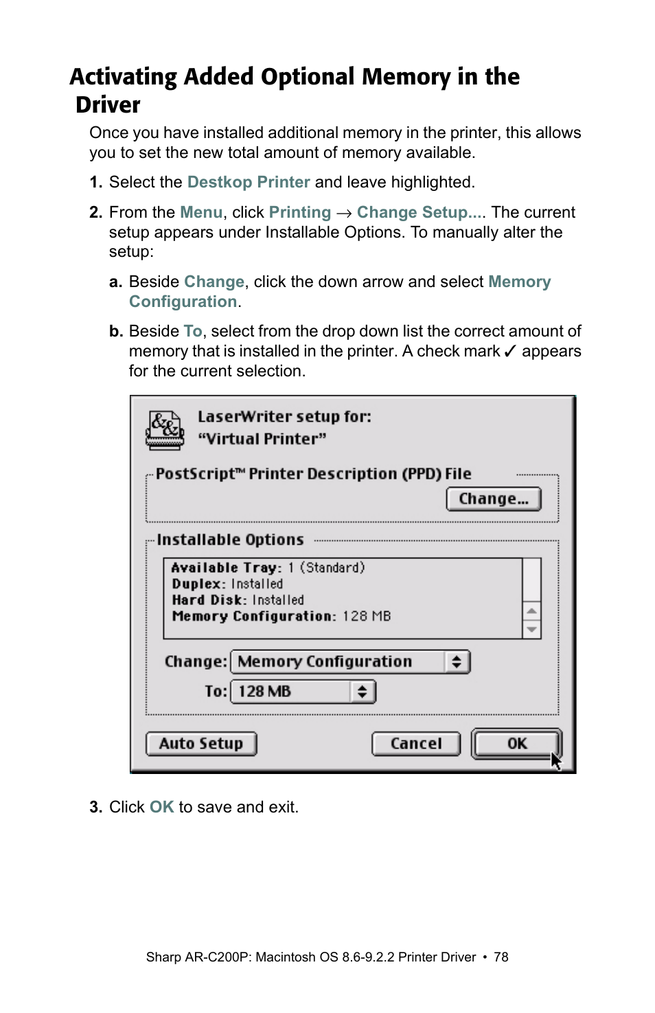 Activating added optional memory in the driver | Sharp AR-C200P User Manual | Page 78 / 193