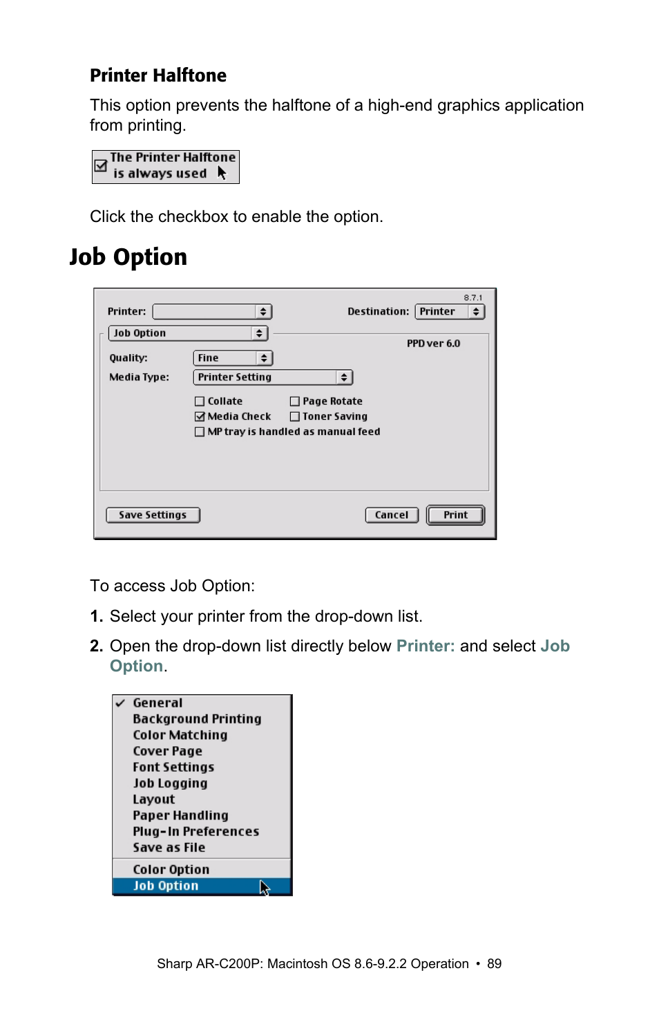 Job option | Sharp AR-C200P User Manual | Page 89 / 193