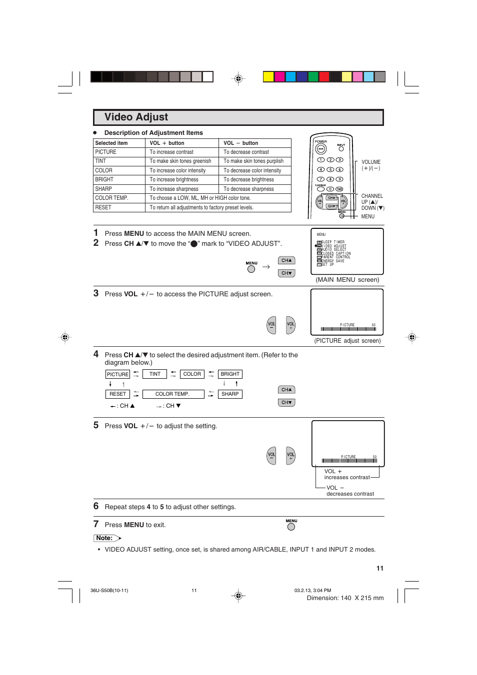 Video adjust | Sharp 36U-S50B User Manual | Page 11 / 48
